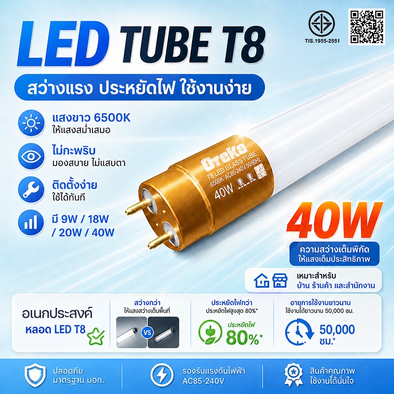 หลอดไฟ LED T8 9W 18W 20W 40W หลอดนีออน LED แสงขาว แสงเหลือง ประหยัดไฟ ติดตั้งง่าย