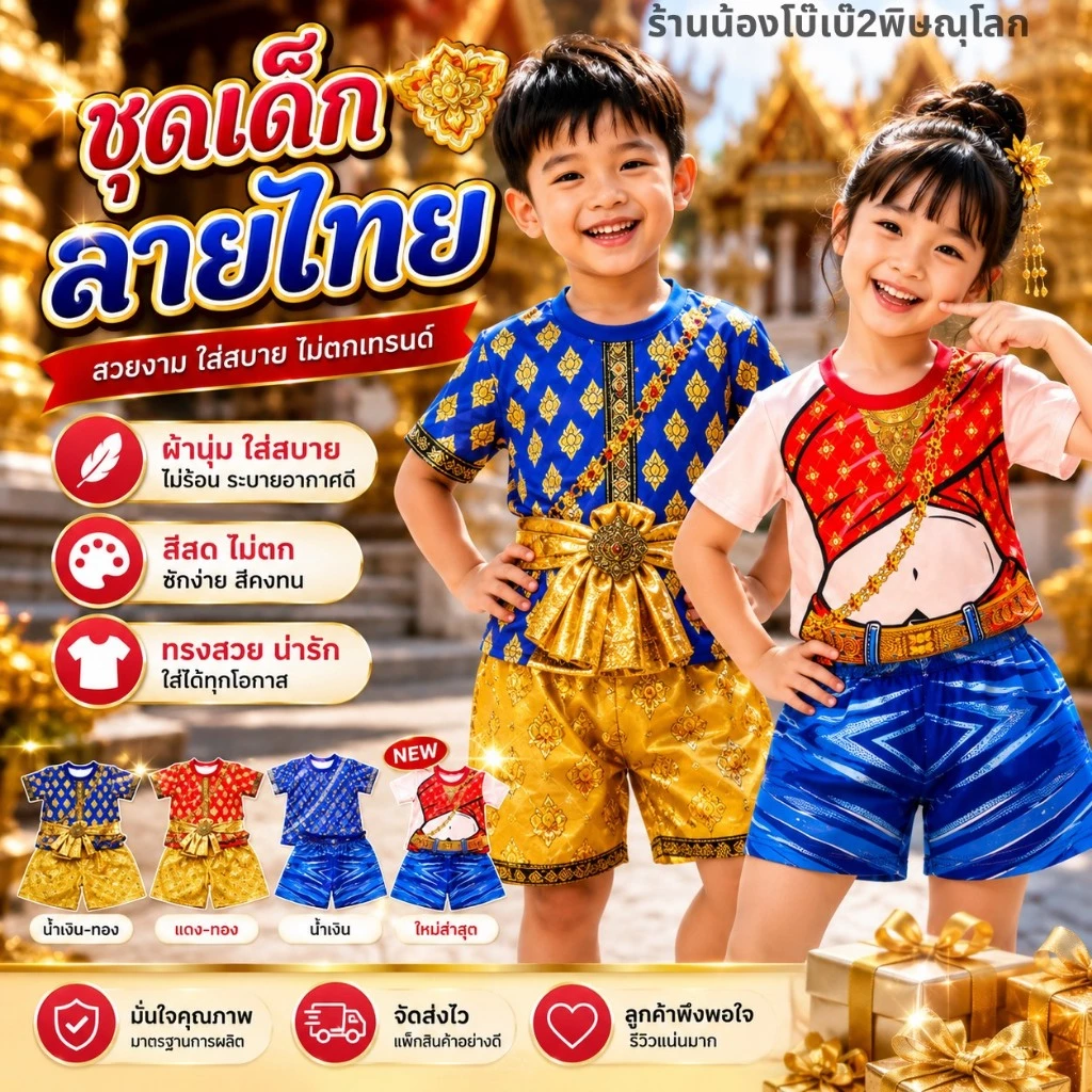 ชุดเซ็ทเด็ก ลายไทย ชุดลายไทย เด็ก ใส่ในงานกิจกรรมวันสุนทรภุ่ วันภาษาไทย ใส่น่ารักๆ ผ้าไมโคร งานพิมพ์ลาย พร้อมส่ง