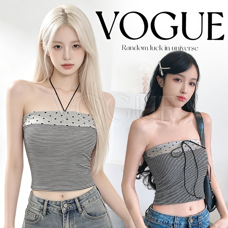 Vogue พร้อมส่ง เสื้อเกาะอกลายทางเล็ก ดีเทลลายจุด ใส่ได้สองแบบ มีฟองน้ำในตัว (FY3324)