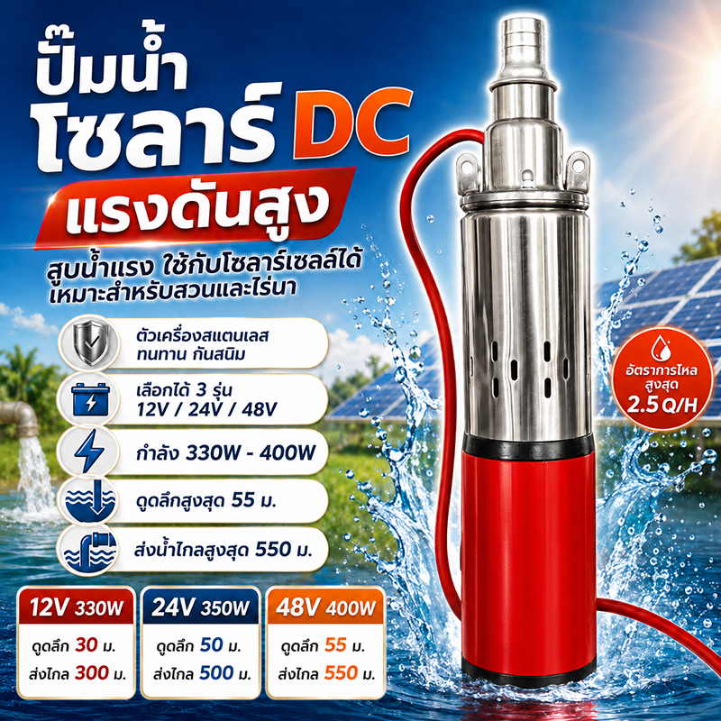 ปั้มบาดาลสกรู/ปั้มบาดาลใบพัด 12v/24v/48v Submersible 1500 ลิตร/ชม!! ท่อออก1'' สแตนเลสไม่เป็นสนิมปั๊มน้ำ ปั้ม