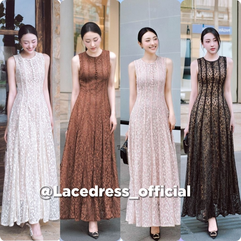 The gallery แมกซี่เดรสยาวผ้าลูกไม้แต่งกระดุมหน้าหลอก