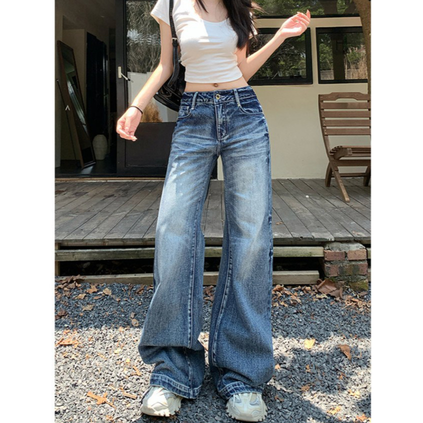 Bella Shop กางเกงยีนส์ขายาวเอวสูงทรงกระบอก ลุควินเทจสไตล์สตรีท เเทมชท์ยังไงก็สวย ออกเเบบพิเศษ