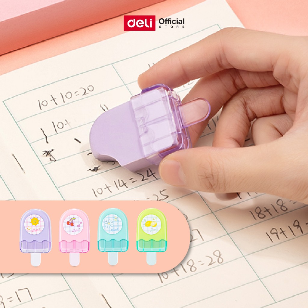 ยางลบไอติมมีปลอก Deli รุ่น 71122 ลบสะอาด ลายน่ารัก พกพาง่าย สำหรับเด็ก (คละสี)(จำหน่าย 1 ก้อน)