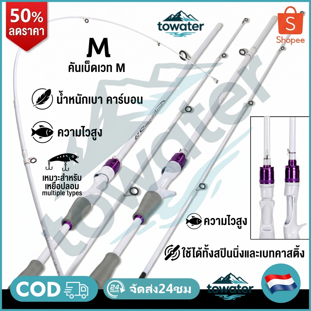 Towater คันเบ็ดปั่น/หล่อเบ็ดตกปลา1.8เมตรแบบพกพา2ส่วนคันเบ็ดเมตรพลังงานสูงคาร์บอนไฟเบอร์แม็กซ์ลาก 10 กิโลกรัม