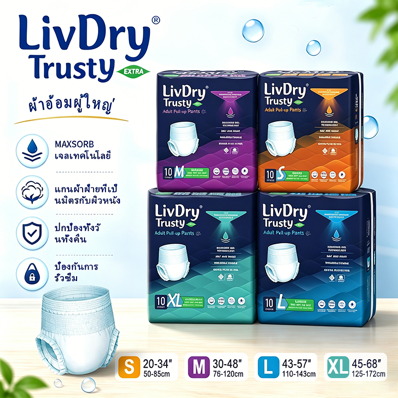 LivDry ผ้าอ้อมผู้ใหญ่ แบบกางเกง นุ่มสบาย ซึมซับมากถึง 1800 ซีซี ไซส์ S-XL(1แพ็ค/10ชิ้น)ไม่จำกัดเพศ