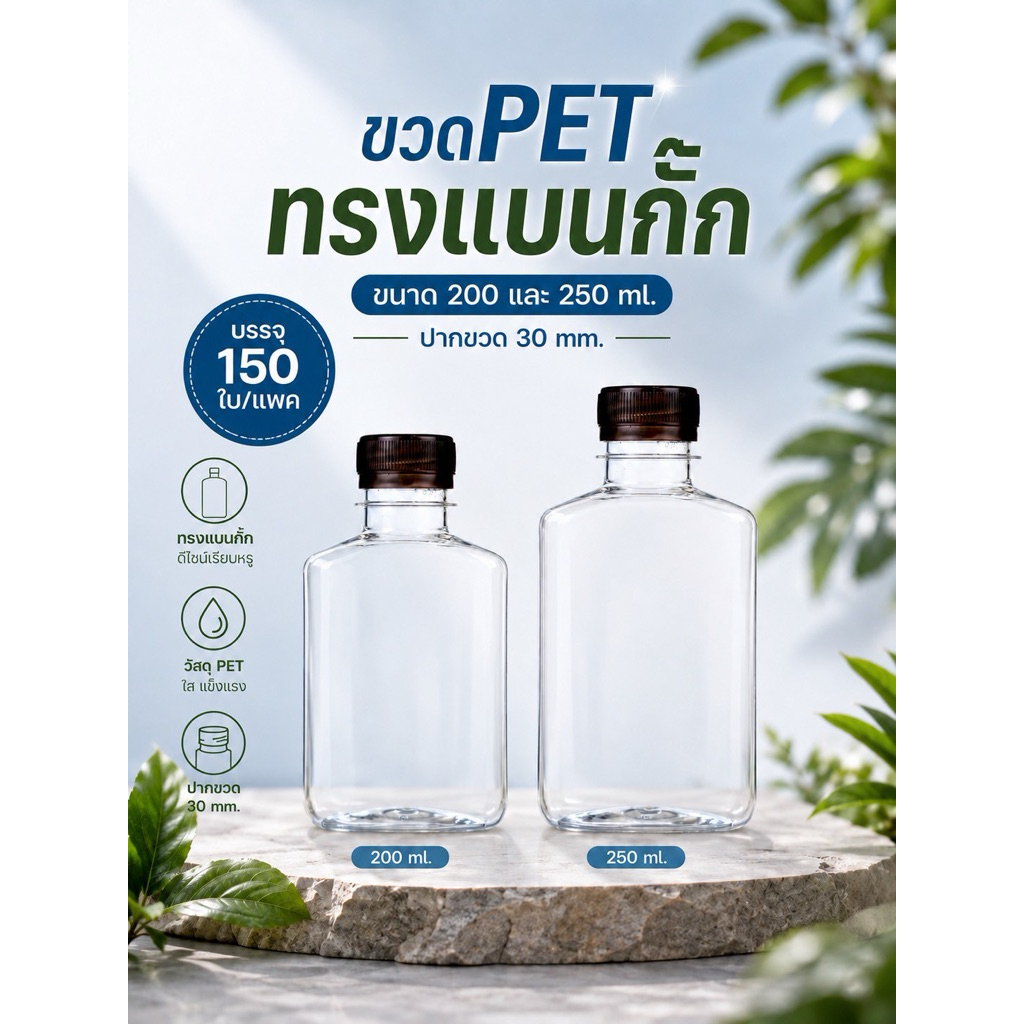 แพ็คใหญ่ (150 ขวด) ขวดพลาสติก ทรงแบนกั๊ก PET