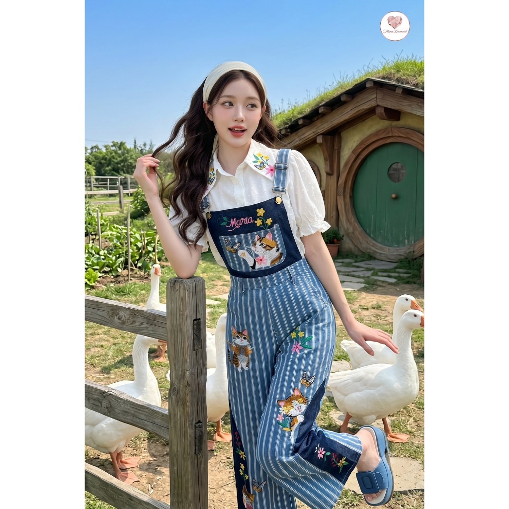 (มี3XL) Maria Diamond ยีนส์ Catty Farm Set เซ็ต 2 ชิ้น เสื้อเชิ้ตปกงานปักกระดุมหน้า + เอี๊ยมยีนส์ขายาวงานปักสายปรับได้
