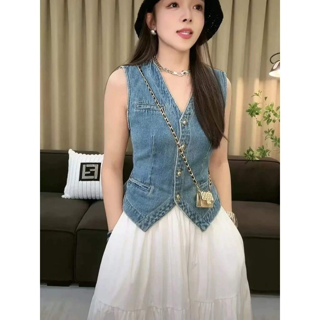 เสื้อกั๊กยีนส์คอวีทรงเข้ารูป สไตล์เกาหลี