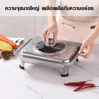 ถาดใส่อาหาร ถาดถนอมอาหารสแตนเลส พร้อมขาตั้งและฝาแก้วปิด ถาดสแตนเลสบุฟเฟ่ หนาเเข็งเเรง ใส่ร้อน-เย็น ไม่เป็นสน