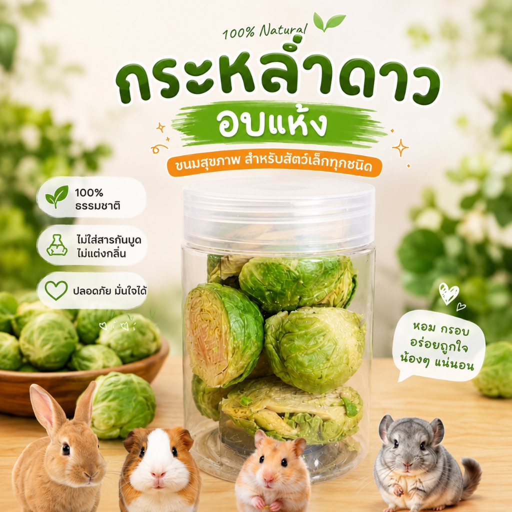 Runny กะหล่ำดาวอบแห้ง ไม่ปรุงแต่ง ธรรมชาติล้วนๆ ขนมสำหรับสัตว์ฟันแทะ หนูแฮมเตอร์ กระต่าย แกสบี้ ชินชิล่า