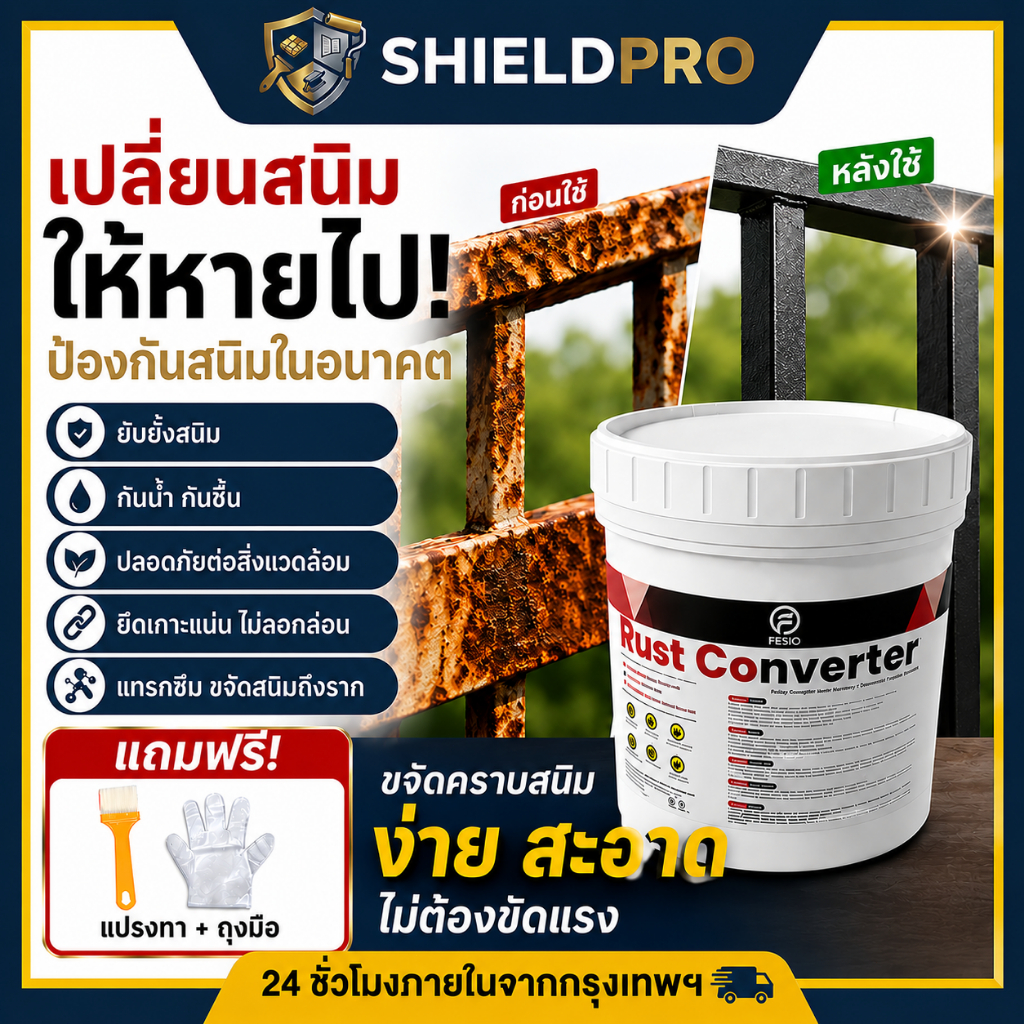 ShieldPro สีทาเหล็กกันสนิม 2 in 1 ไม่ต้องทารองพื้น แห้งไว (ขาว/ดำ/น้ำเงิน/เทา) 300g/1kg