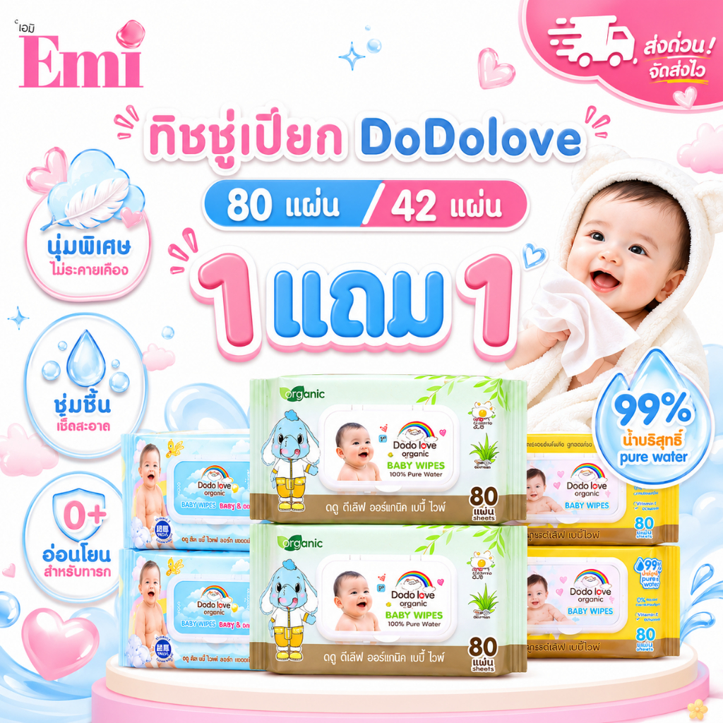 [1แถม1] DODOLOVE ส่งด่วน ทิชชู่เปียก Baby Wipes ผ้าเช็ดทำความสะอาดสำหรับเด็ก อ่อนโยน ปราศจากแอลกอฮอล์