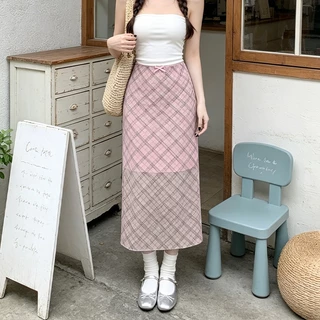 JJ Shop​💜พร้อมส่ง กระโปรงผู้หญิงลายจุดครึ่งตัว, กระโปรงทรงดินสอลายตาราง, แบบยาว, ผ้านุ่ม -FY5181