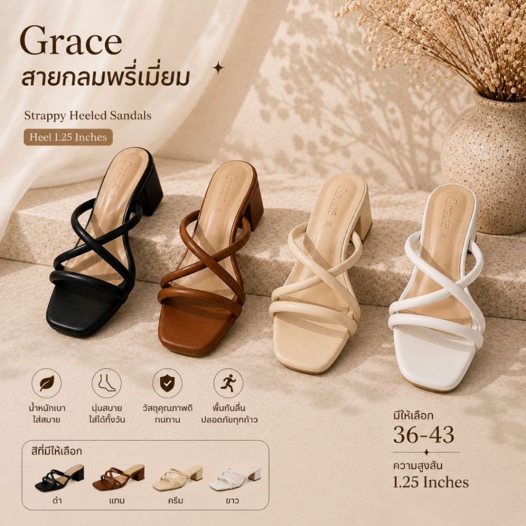 GRACE สายกลมพรี่เมี่ยมรองเท้าส้นสูง 1.25 นิ้ว ส้นติดกันลื่น รองเท้าแฟชั่น คุณภาพดี ไซส์ 36-43