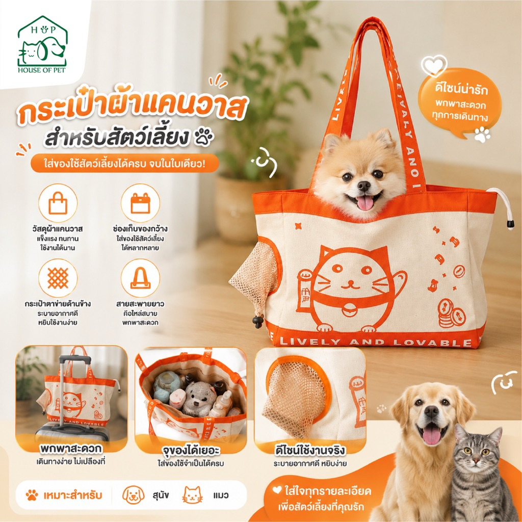 กระเป๋าผ้าแคนวาสสำหรับสัตว์เลี้ยง กระเป๋าใส่ หมา แมว สุนัข
