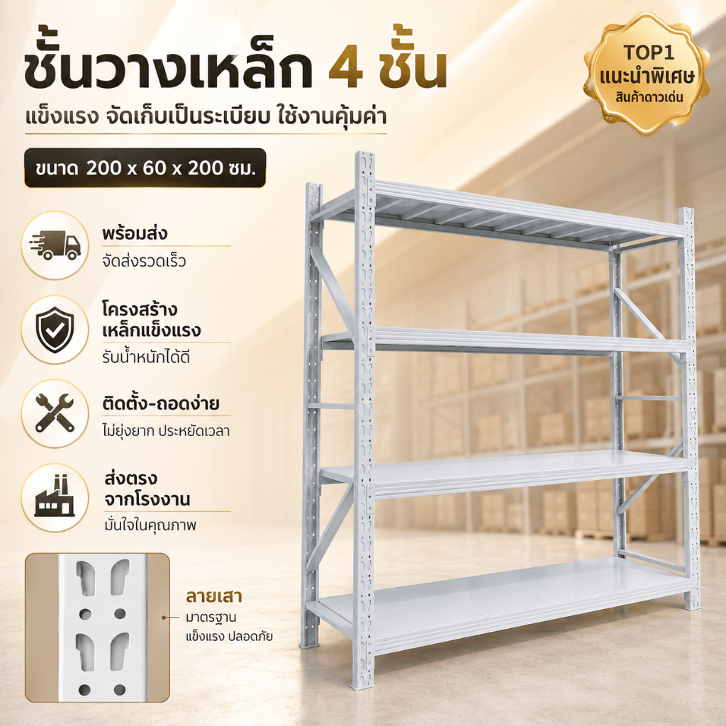 ชั้นวางของ เหล็กหนา ชั้นวางของหนัก 200*60*200 ปรับแต่ละชั้นได้ รับน้ำหนัก 500KG ต่อชั้น