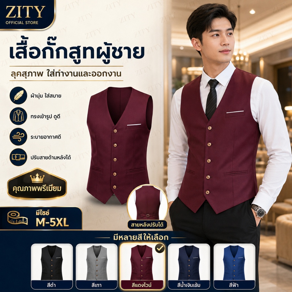 ZITY เสื้อกั๊กสูทผู้ชายหรูหราสำหรับงานปาร์ตี้ ทรงเข้ารูป สำหรับใส่ทำงาน งานแต่งงาน