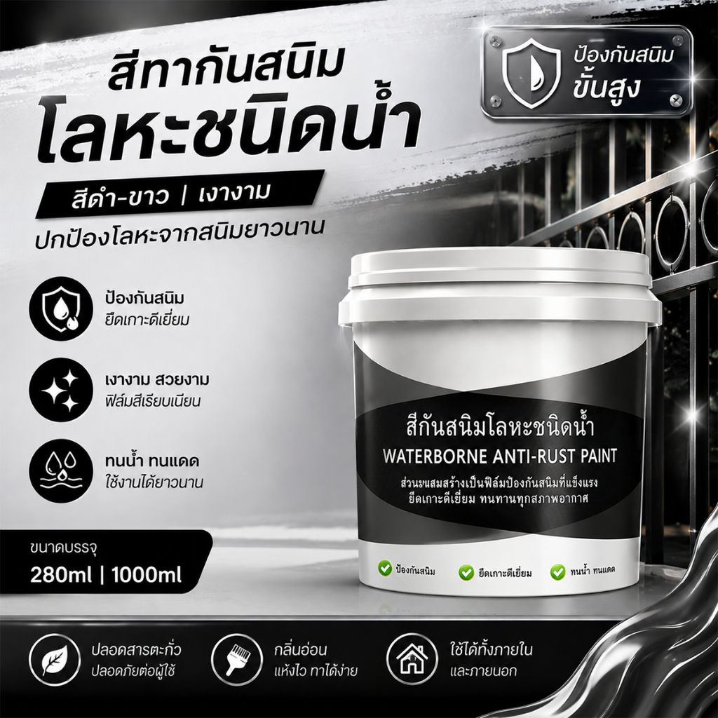 สีกันสนิมสำหรับโลหะชนิดน้ำ: ป้องกันสนิมได้มีประสิทธิภาพสูง ผิวเงางาม เหมาะสำหรับโลหะทุกชนิด ไม่มีรสชาติ