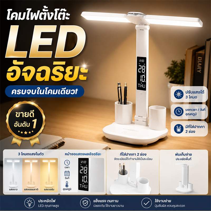3IN1 โคมไฟตั้งโต๊ะสองหัว LED ถนอมสายตา ชาร์จUSB ปรับ3ระดับ พับได้ มีจอเวลา+ที่ใส่ปากกา โคมเด็กเรียน