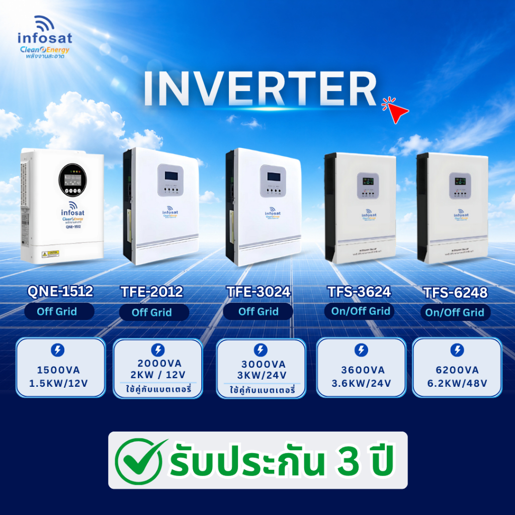INFOSAT เครื่องอินเวอร์เตอร์ Inverter รุ่นใหม่ ควบคุมง่าย แสดงผลเรียลไทม์ ป้องกันไฟฟ้าลัดวงจร *รับประกันสินค้า 3 ปีเต็ม