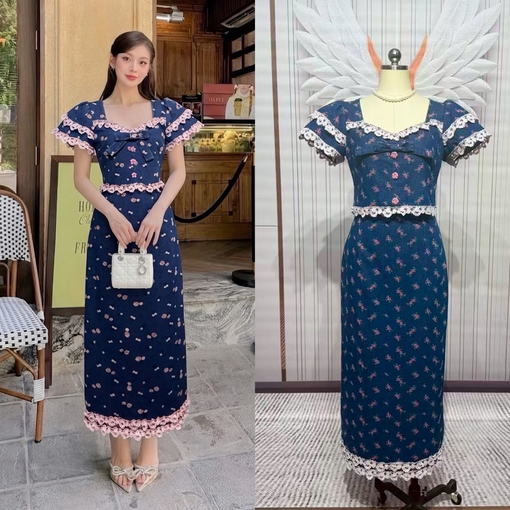 (ปกติ .5 ข้าม เสื้อยาว 16“ กระโปรง 35”) ชุดยีนส์ เสื้อแขนชั้นๆ+กระโปรงยีนส์ ลายดอก งานป้าย chalita
