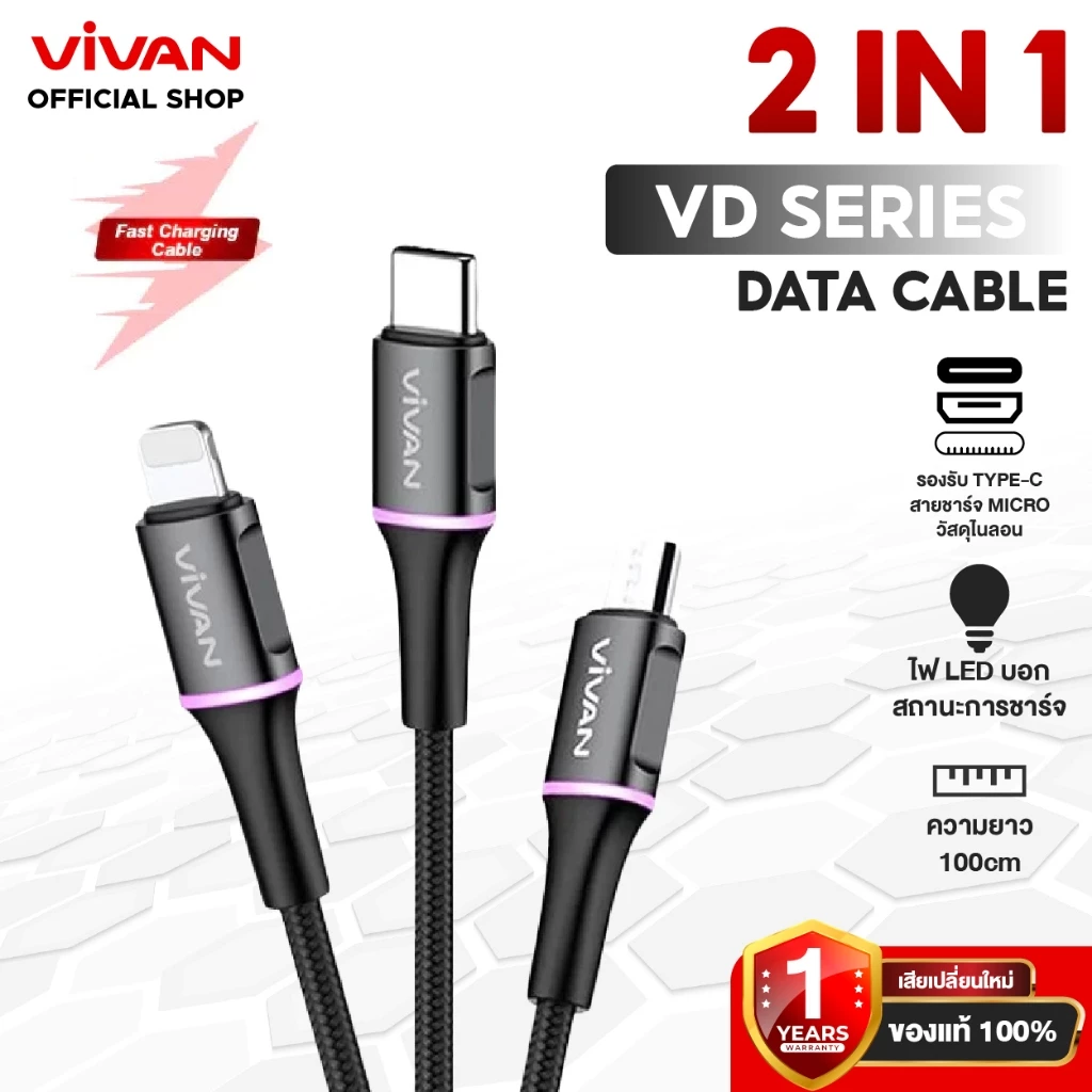 [สินค้าขายดี] VIVAN สายชาร์จมีไฟ LED ขนาด100cm ชาร์จเร็ว ชาร์จไว สายชาร์จมือถือ สายชาร์จโทรสับ บอกสถานะ รับประกัน 1 ปี