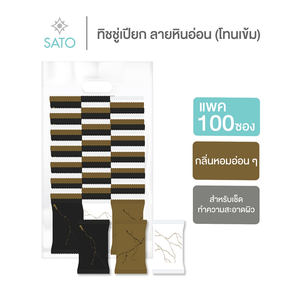 แพค 100 ซอง ผ้าเย็น ผ้าเปียก ทิชชู่เปียก SATO ขนาดมาตรฐาน (S) ไม่มีน้ำหอม