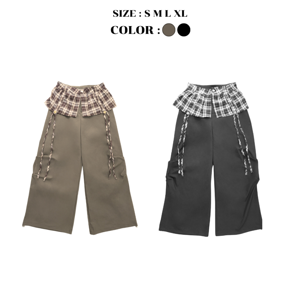 loveruby.store - Harris Layer Pants เอว24-27 ลงไซส์ S กางเกงขายาวทรงขากว้าง ดีเทลเลเยอร์ผ้าลายสก็อตช่วงเอว สายผูกด้าน