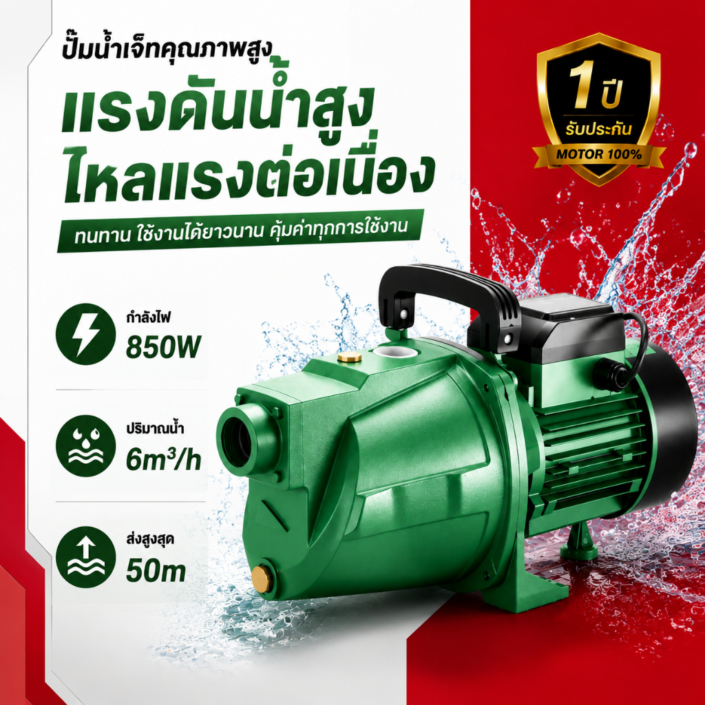 KOOXU ปั๊มน้ำอัตโนมัติ 850W 1HP ส่งน้ำแรง 6m³/h ยกสูง 50 เมตร มอเตอร์อลูมิเนียม 100 แผ่น ประหยัดไฟ สำหรับบ้าน สวน ฟาร์ม