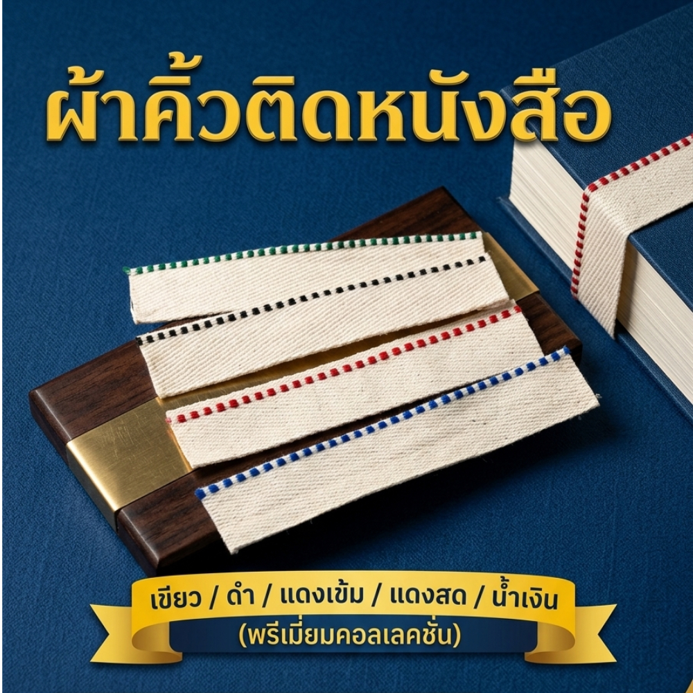 ผ้าคิ้วติดหนังสือ ยาว 1 เมตร ราคาถูก (มี 6 สีฟ้า น้ำเงิน เขียว ดำ แดงเข้ม แดงสด)