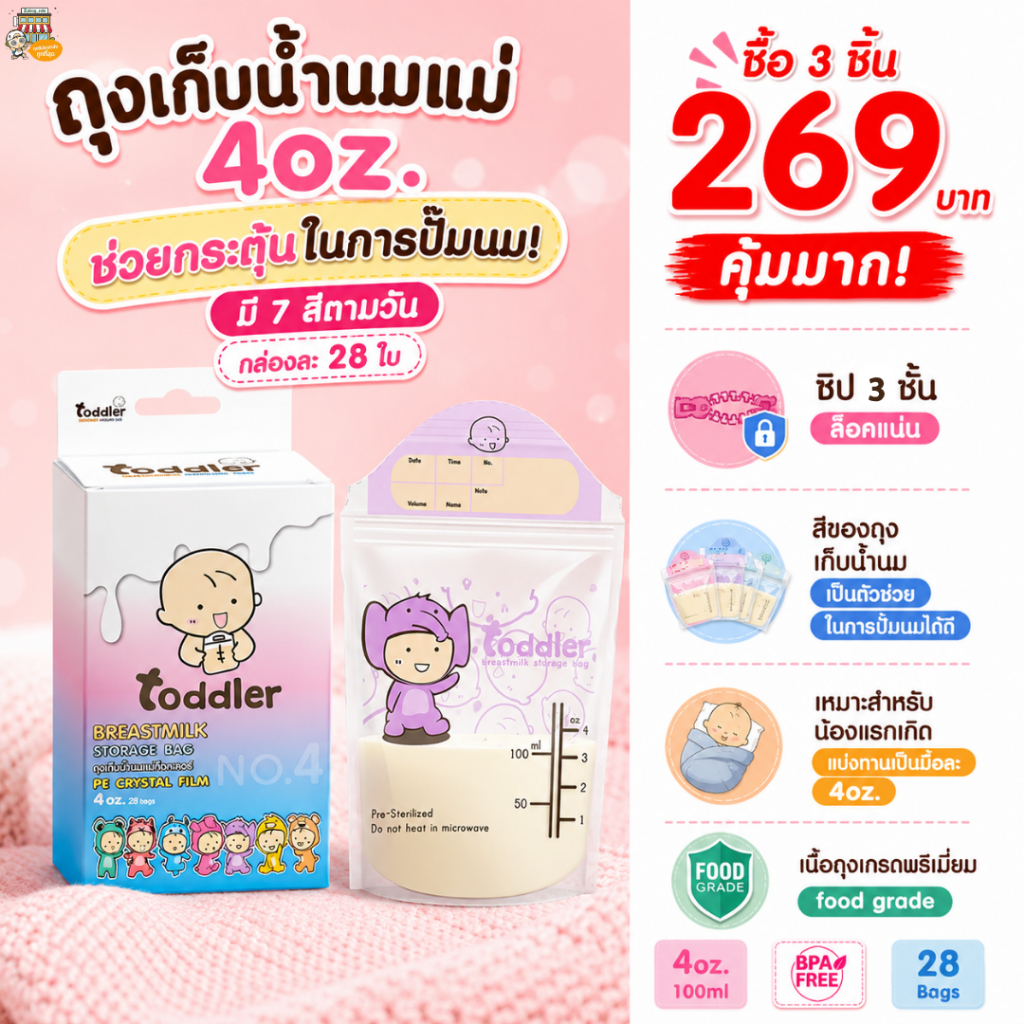 ถุงเก็บน้ำนมแม่ Toddler (ถุงหนา) ซิป 3 ชั้น เกรดดีสุดคุ้ม 7 สี 7 ลายตามสีวัน ขนาด 4oz (28 ใบ)
