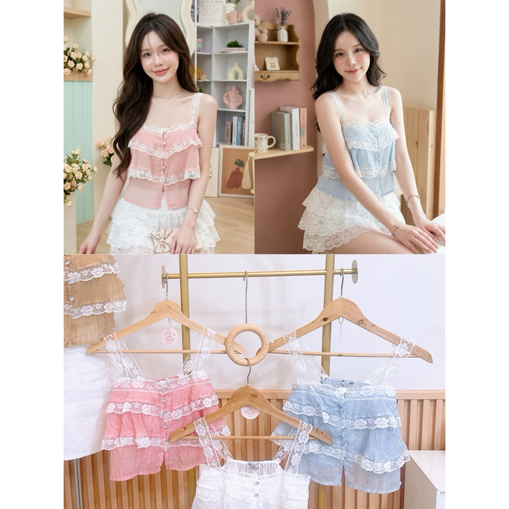 เสื้อครอปสายลูกไม้ แต่งระบาย 3 ชั้น กระดุมเพชร ทรงน่ารักมากก