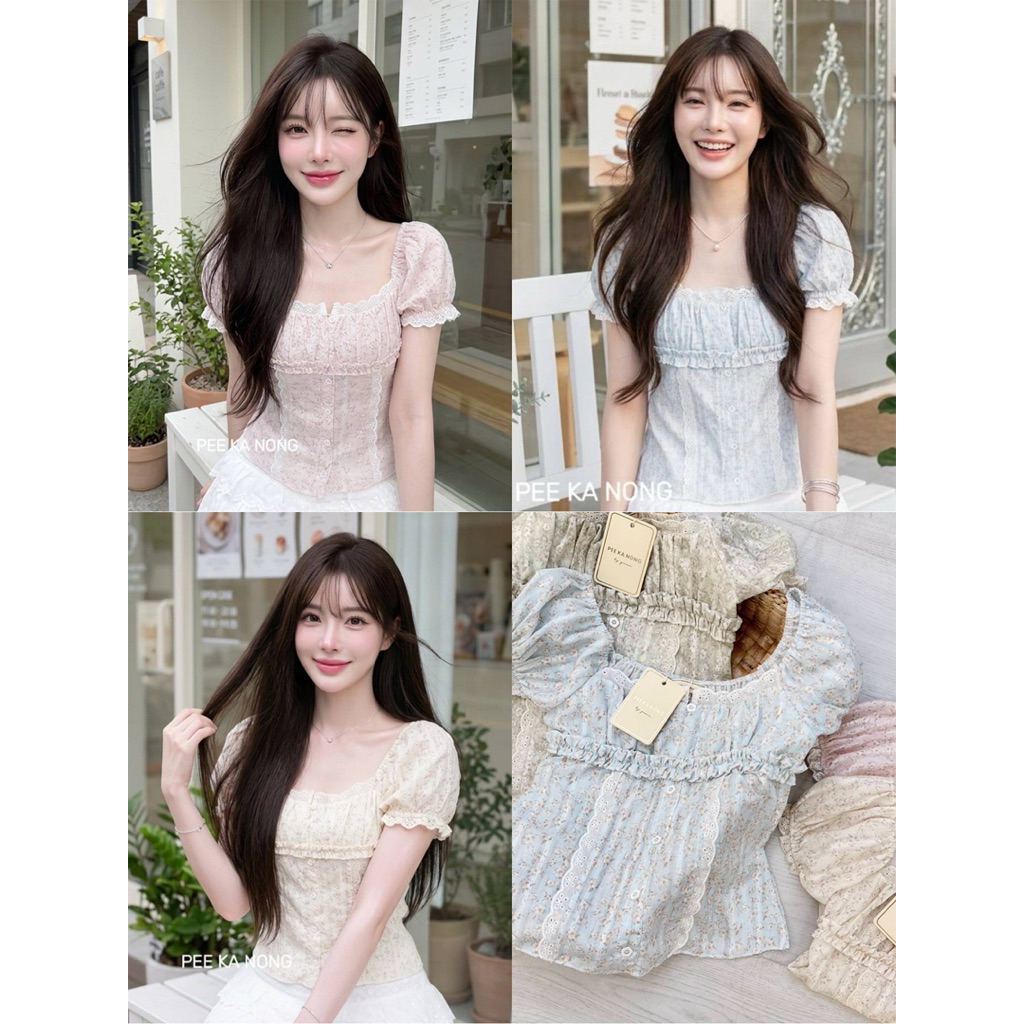 เสื้อคอเหลี่ยม แขนตุ๊กตา ผ้าลายดอกไม้หวานๆ เเต่งลูกไม้สวยมากค่า