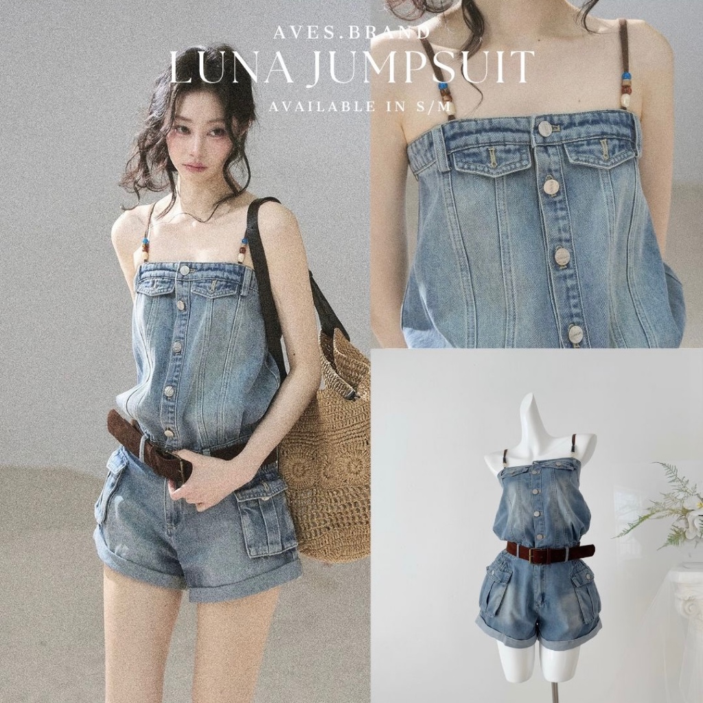 AVES.BRAND LUNA JUMPSUIT จั๊มสูทขาสั้นยีนส์ พร้อมเข็มขัด แต่งลูกปัด