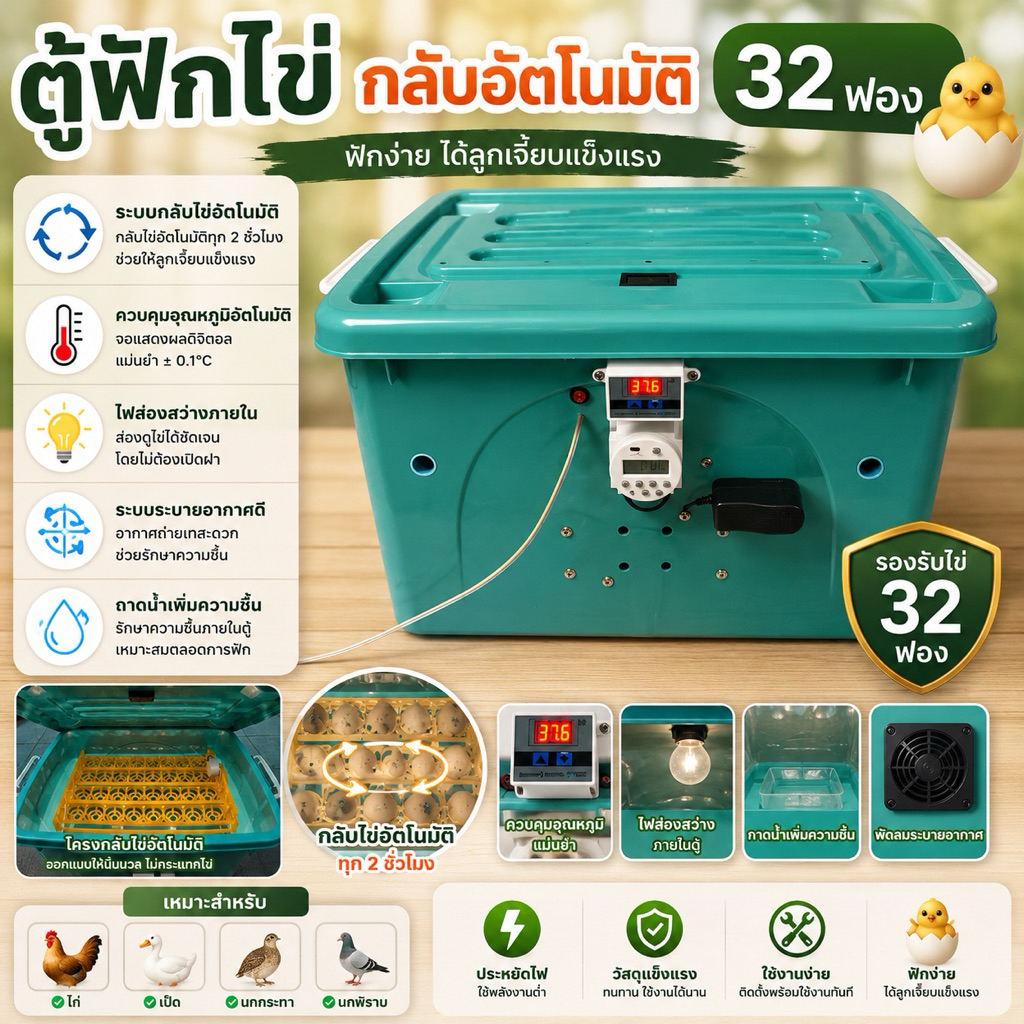 ตู้ฟักไข่อัตโนมัติ กลับออโต้ ขนาด 32 ฟอง