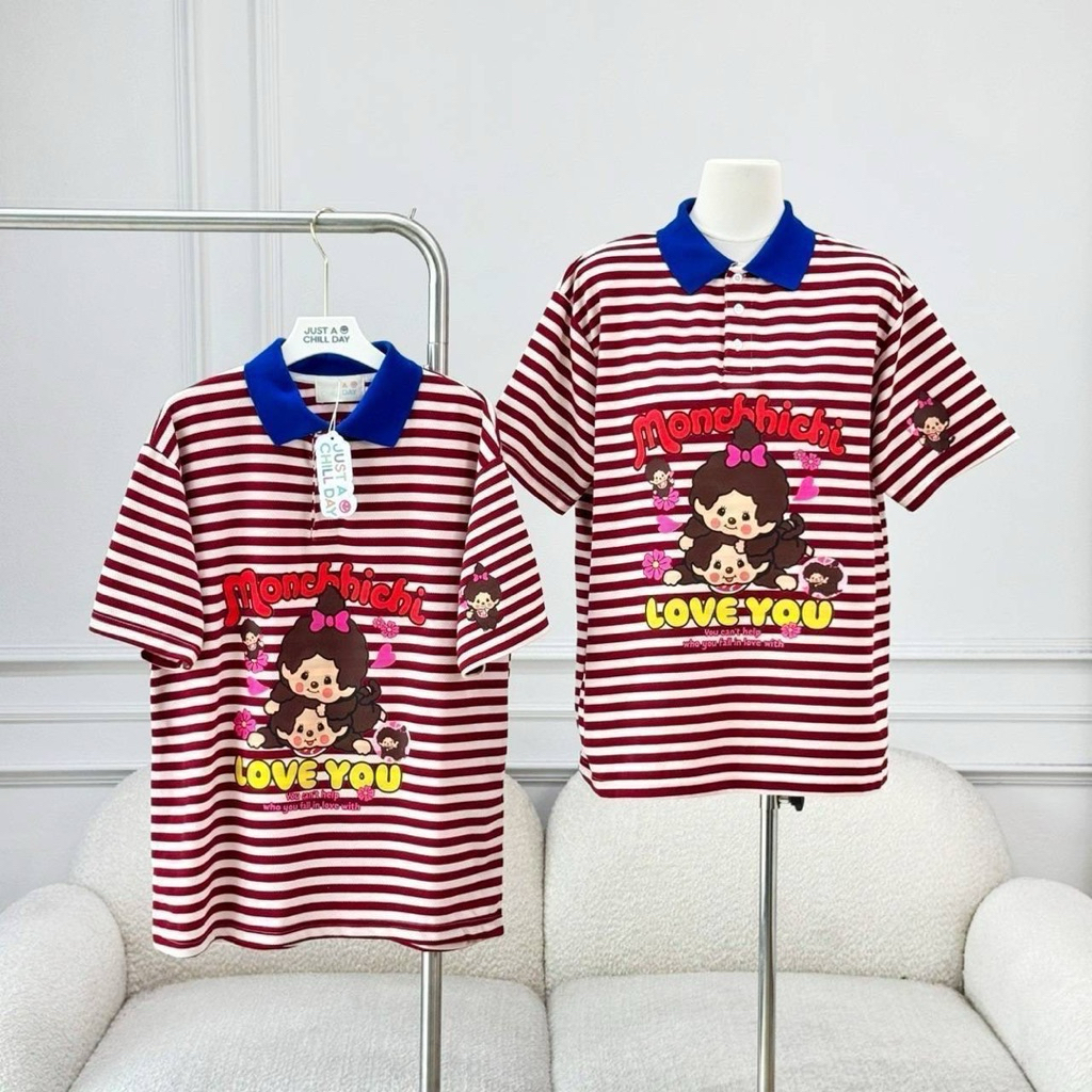 เสื้อโปโลริ้ว ลายน่ารักๆ ดีเทลสกรีนแขน ผ้าสเวตเตอร์