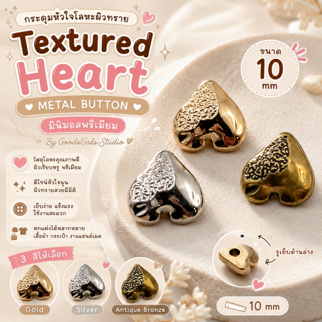กระดุมหัวใจโลหะผิวทราย มินิมอลพรีเมียม By Goodsgals.Studio - Textured Heart Metal Button [BT-No.07]
