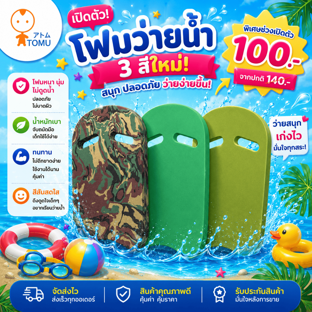 โฟมว่ายน้ำ ไม่สกีนลาย โทนสีเขียว สุดน่ารัก