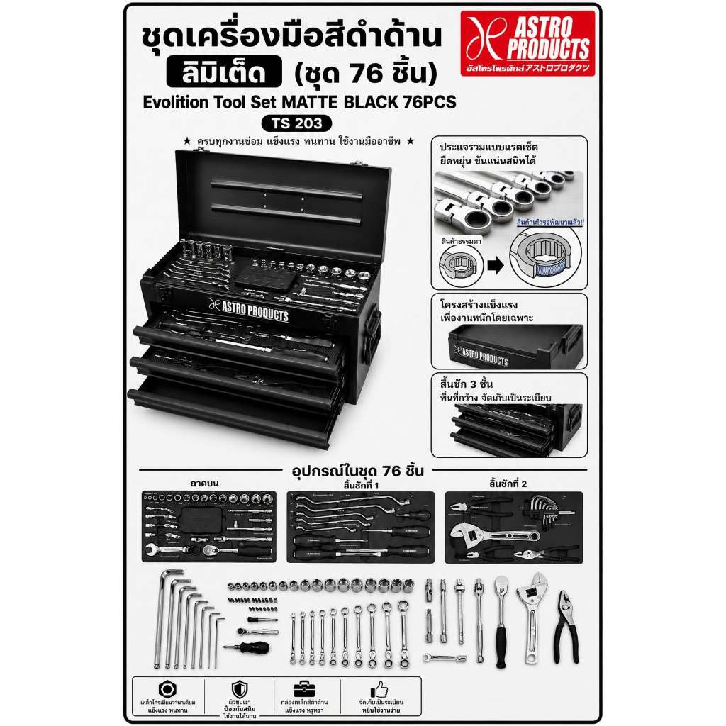 Astro Products ชุดเครื่องมือช่าง 76 ชิ้น TS203 สีดำด้าน / Tool Set Matte Black 76pcs