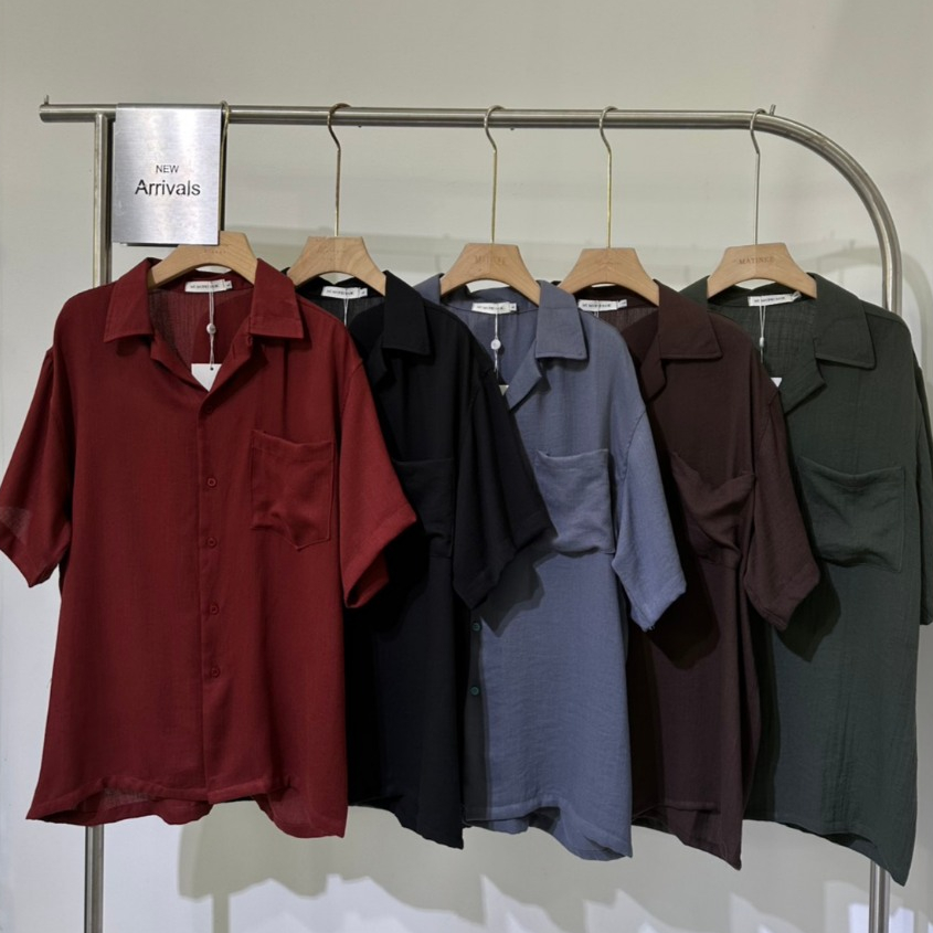 N097 เสื้อเชิ้ตผู้ชาย แขนสั้น คอปก ทรง Oversize ผ้า Texture พรีเมียม สไตล์มินิมอลเกาหลี