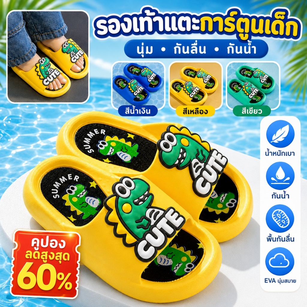 รองเท้าแตะไดโนเสาร์น่ารักสำหรับเด็ก แฟชั่นฤดูร้อน รองเท้าแตะกันลื่นสำหรับใส่ในบ้านและนอกบ้านพื้นนุ่ม