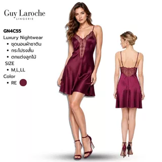 Guy Laroche ชุดนอน GN4C55 แบรนด์แท้ กระโปรงสายเดี่ยวแต่งลูกไม้ ผ้าซาตินเนื้อนุ่ม ลื่น