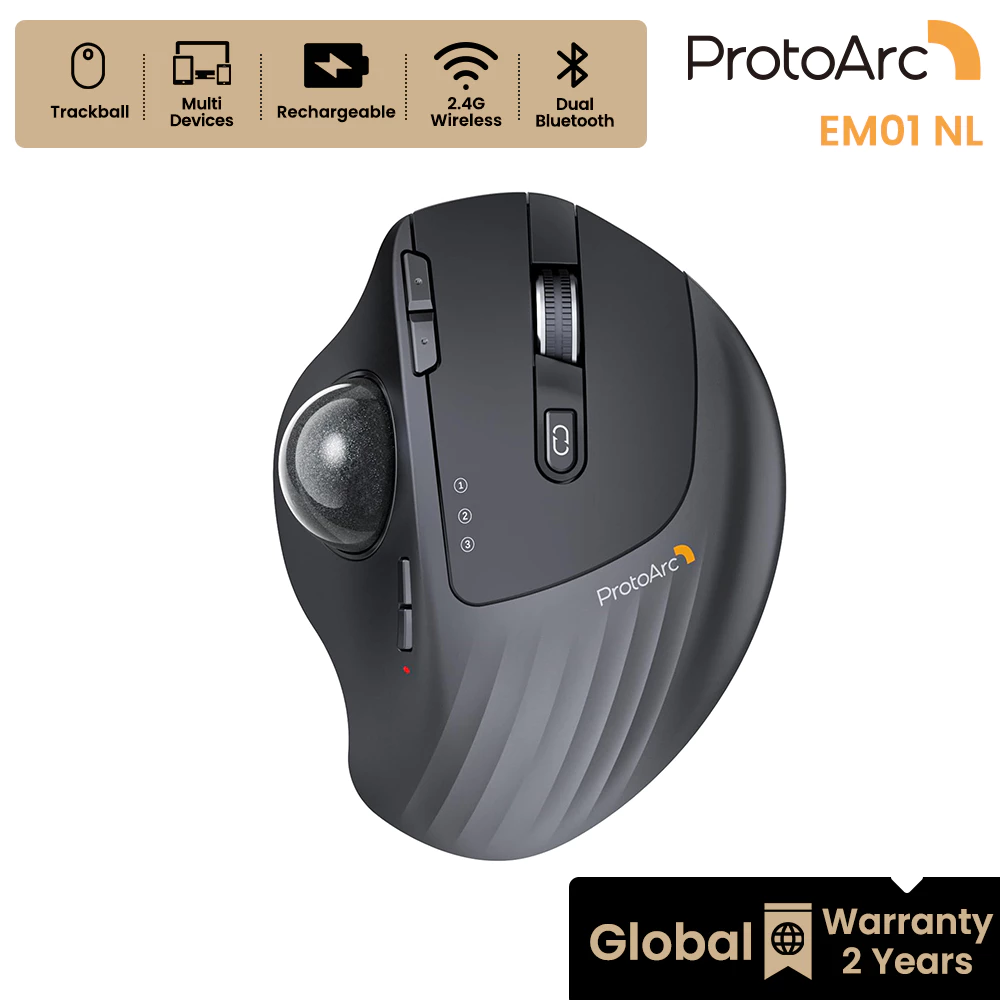 ProtoArc EM01 NL เมาส์แทร็กบอลไร้สาย 2.4G + Bluetooth 2 ช่อง ชาร์จไฟได้ ลูกบอลแทร็กบอลสีดำ รับประกัน 2 ปี