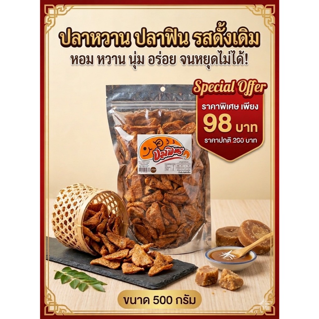 500 กรัม ปลาฟิน ปลาหวานกลมสูตรน้ำตาลมะพร้าวแท้ ต้นตำรับโบราณ