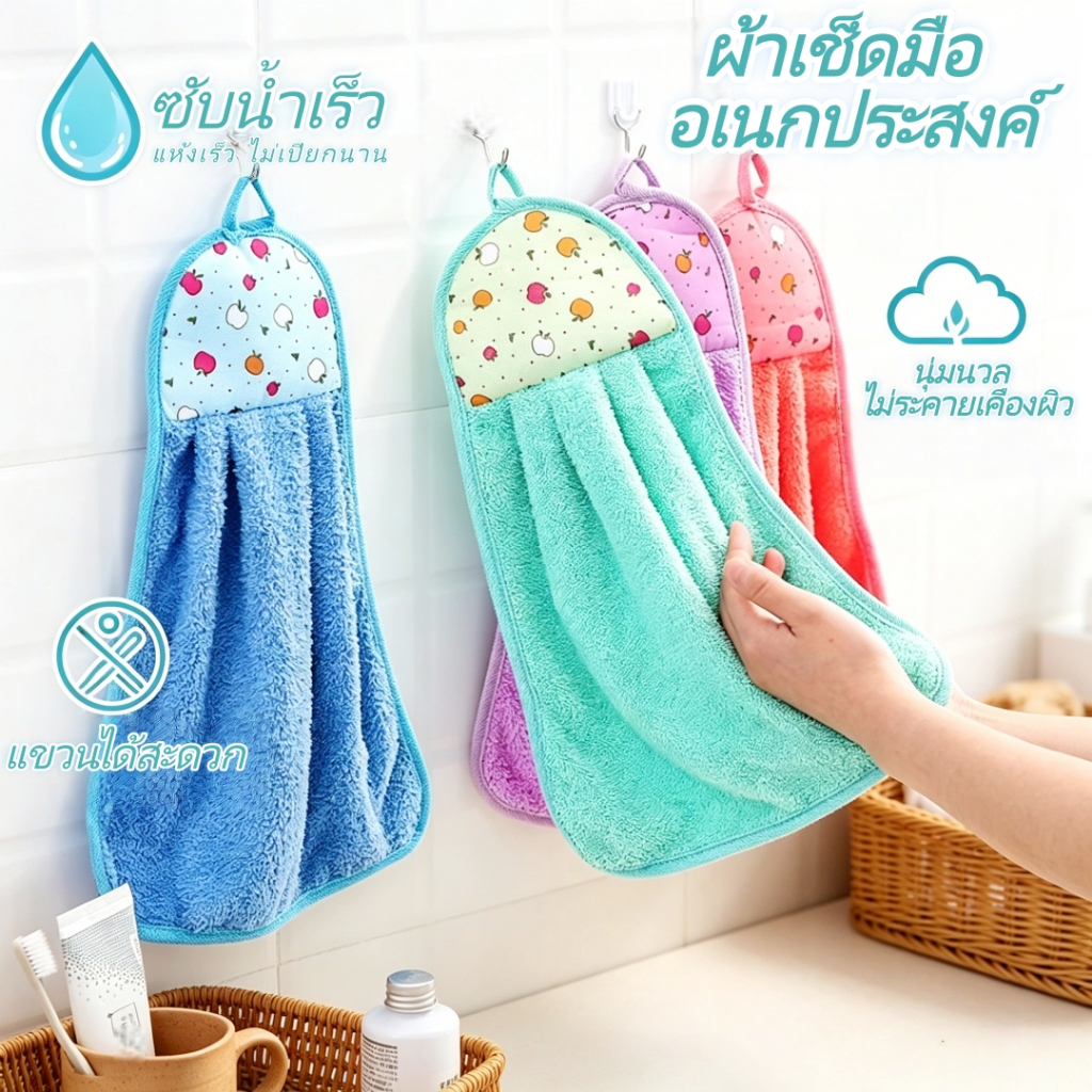 ผ้าเช็ดมือแบบมีหูแขวนผ้าปะการัง ซับน้ำได้ดีเยี่ยม แห้งเร็วไม่เป็นเชื้อรา มีหลายสีให้เลือก ใช้เช็ดมือ ชามและโต๊ะได้