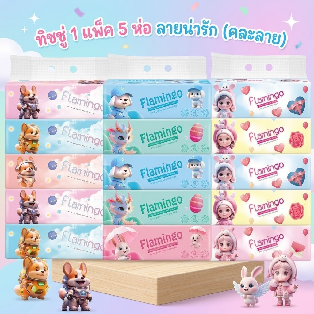 มาใหม่ล่าสุด ทิชชู่ลายน้องแกะ(ยกแพ็ค 5 ห่อ)หนา 2 ชั้น