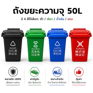 ถังขยะ ถังขยะกทม. (30ลิตร 50ลิตร มีล้อ ) ฝาเปิด ถังพลาสติก สีเขียว น้ำเงิน คุณภาพดี ทนทาน สวยงาม ถังขยะแยกประเภท