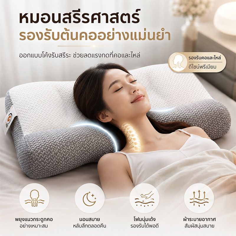 หมอนสุขภาพ ออกแบบตามหลักสรีรศาสตร์ รองรับต้นคออย่างเหมาะสม เพื่อการนอนที่สบายกว่าเดิม หมอนหนุน แนบรับสรีระต้นคอ