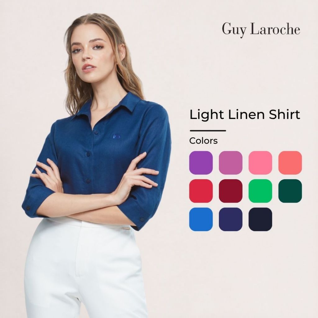 Guy Laroche ผ้าลินิน เสื้อเชิ๊ตผู้หญิง แขนสามส่วน