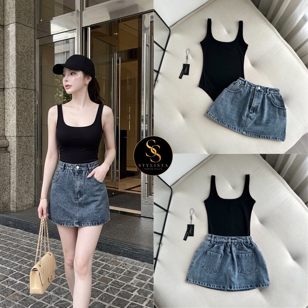 STYLISTA เซ็ตเสื้อสายกว้างสีดำทรงเข้ารูป เนื้อผ้ายืดนุ่ม สวมใส่สบาย จับคู่กับกระโปรงยีนส์ทรงเอเอวสูง